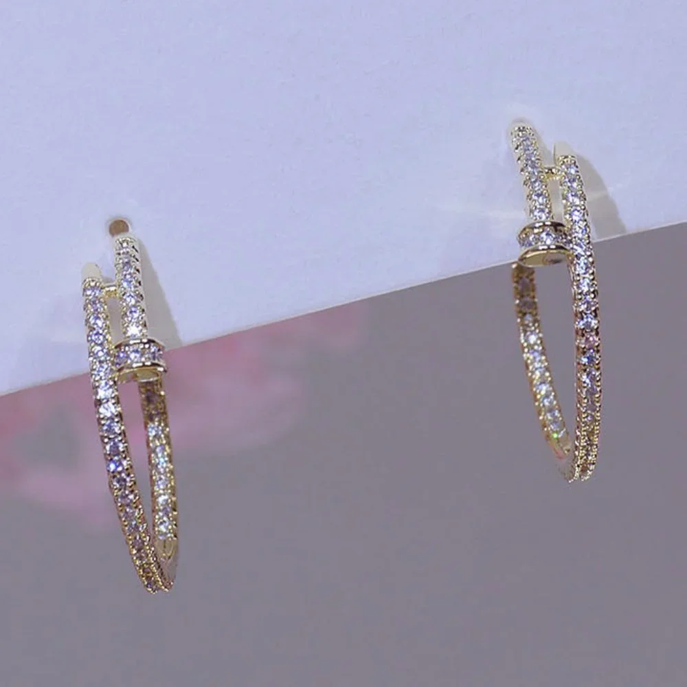 NEW 14K Gold Plated Round Diamond Nail Hoop Earrings - Picture 7 of 11